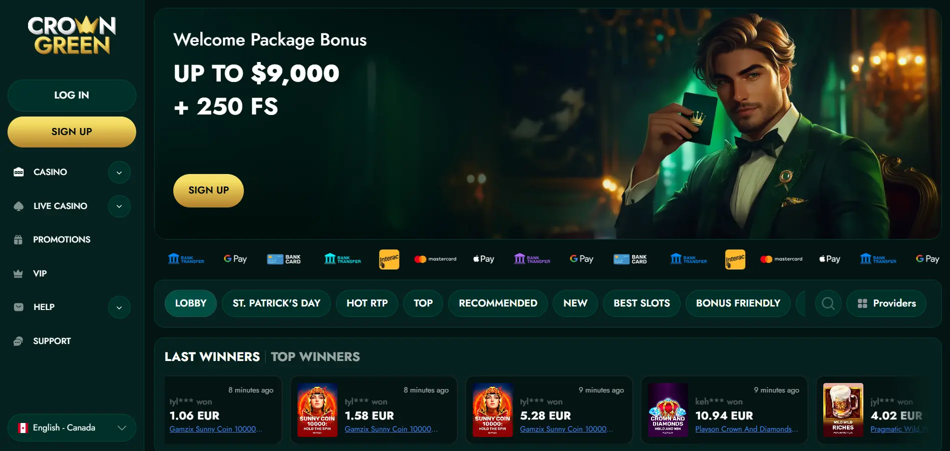 Crowngreen Online Casino Canada Screenshot